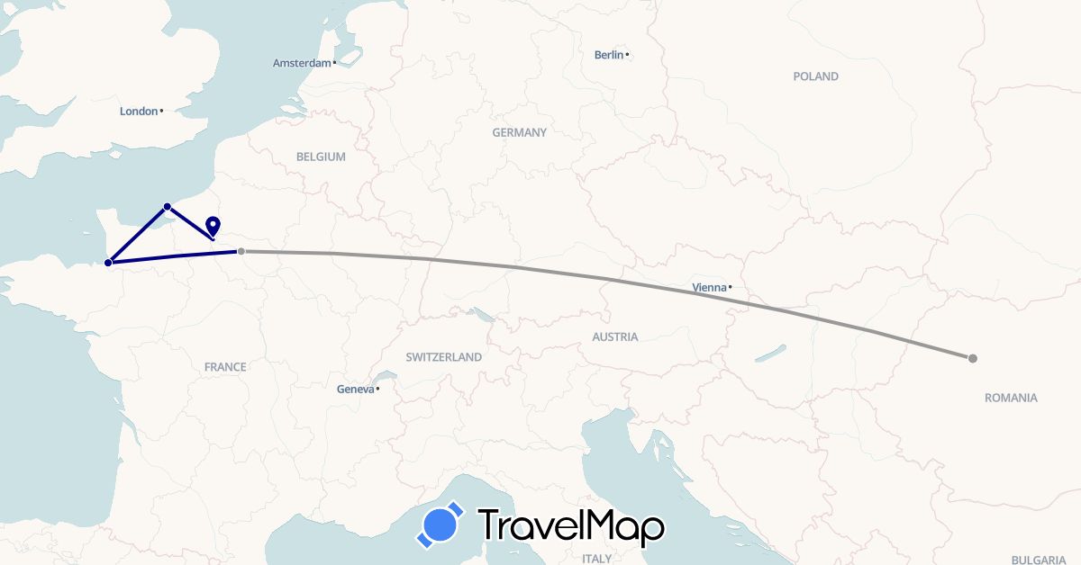 TravelMap itinerary: driving, plane in France, Romania (Europe)